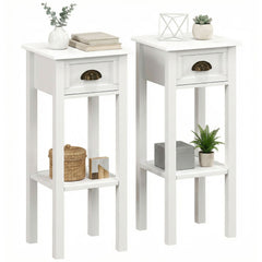 2-Tier Side Tables Set of 2 with Drawer and Shelf, 2 Pieces End Tables for Living Room and Hallway, White