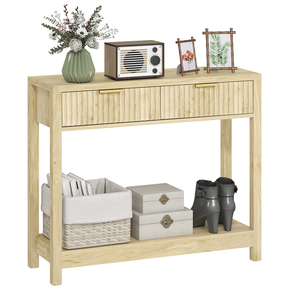 35" Console Table with Storage, Narrow Entryway Table with Fluted Panel Drawers and Shelf for Hallway, Natural