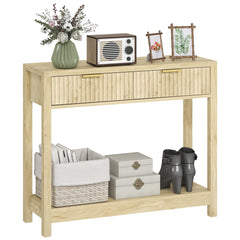 35" Console Table with Storage, Narrow Entryway Table with Fluted Panel Drawers and Shelf for Hallway, Natural
