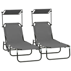 Pool Chaise Lounge Chairs Set of 2, Folding Lounge Chairs with Sunshade, Reclining Back, Steel Frame, Dark Gray