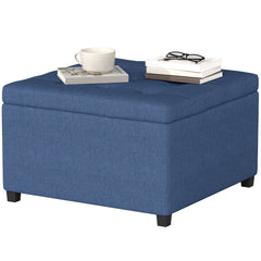 Round Storage Ottoman Bench, Button Tufted Ottoman with Flip Top for Living Room, Entryway and Bedroom, Blue