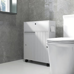 Toilet Paper Cabinet, Slim Bathroom Cabinet with 4 Rolling Wheels, Small Bathroom Storage Cabinet with Paper Holes, Sliding Doors and Adjustable Shelf for Small Space, White
