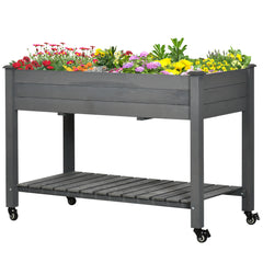 47" x 21" Raised Garden Bed Elevated Wooden Planter Box w/ Lockable Wheels, Storage Shelf for Backyard, Dark Gray