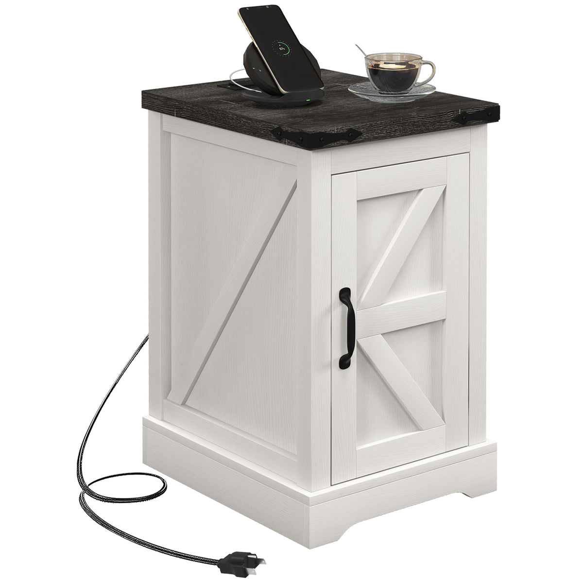 Farmhouse End Table with Storage, Side Table with Charging Station and USB Ports for Living Room, Distressed White