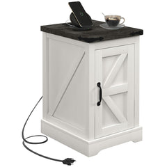 Farmhouse End Table with Storage, Side Table with Charging Station and USB Ports for Living Room, Distressed White
