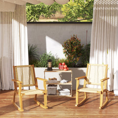 Outdoor Lawn Rocking Chair Set of 2, Acacia Wood Patio Rocking Chairs with Wicker Back and Seat for Garden, Khaki
