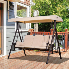 3-Seat Patio Swing Chair, Outdoor Porch Swing Glider with Adjustable Canopy, Removable Cushion, Pillows and Side Trays, for Garden, Poolside, Backyard, Beige
