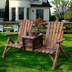 Double Wooden Adirondack Chair with Ice Bucket, Outdoor Loveseat with High Backrest, Smooth Armrest, Rustic Brown