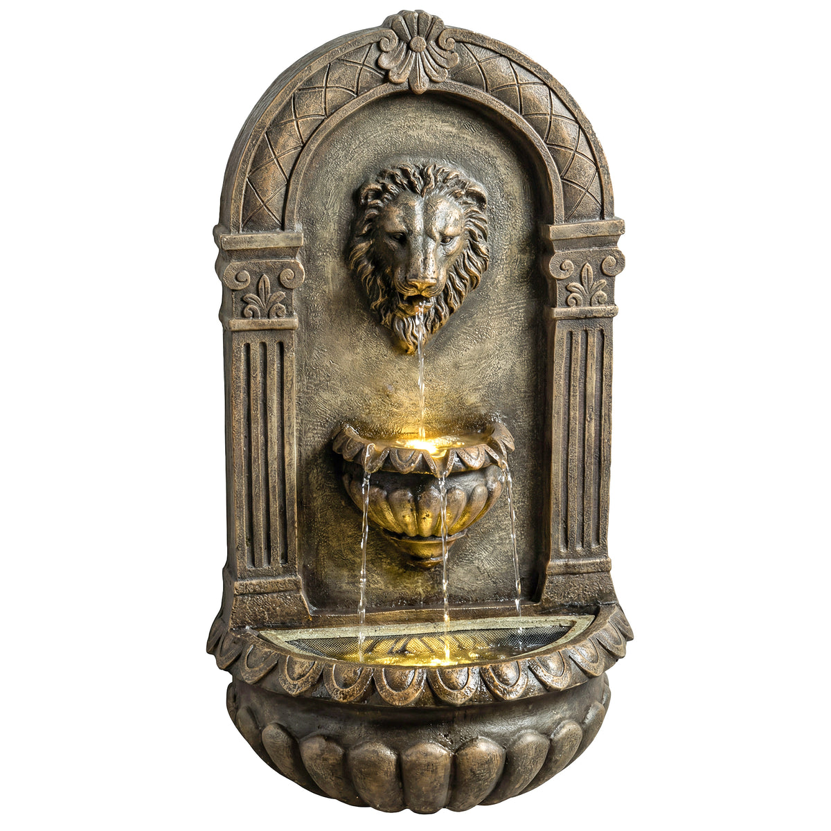 31" Wall-Mounted Outdoor Fountain, 3-Tier Cascading Waterfall Feature with LED Lights and Adjustable Flow, Bronze