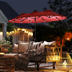 Double-sided Patio Umbrella, 9.7' Outdoor Umbrella with Tilt and Crank, LED Solar Light and 12 Ribs, Wine Red