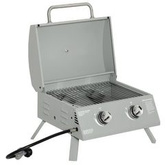 2 Burner Folding Tabletop Gas BBQ Grill w/ Lid, Thermometer, Carbon Steel, Grey