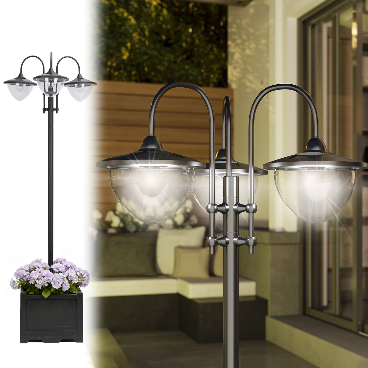 74.5" 3-head Solar Lamp Post Light with Planter, Solar Pole Lights Outdoor Waterproof LED Lighting for Backyard Pathway Patio Lawn Driveway Decor, Black