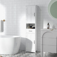 Modern Bathroom Cabinet, Narrow Storage Cabinet with Open Shelf, Drawer, Recessed Doors and Adjustable Shelves, White