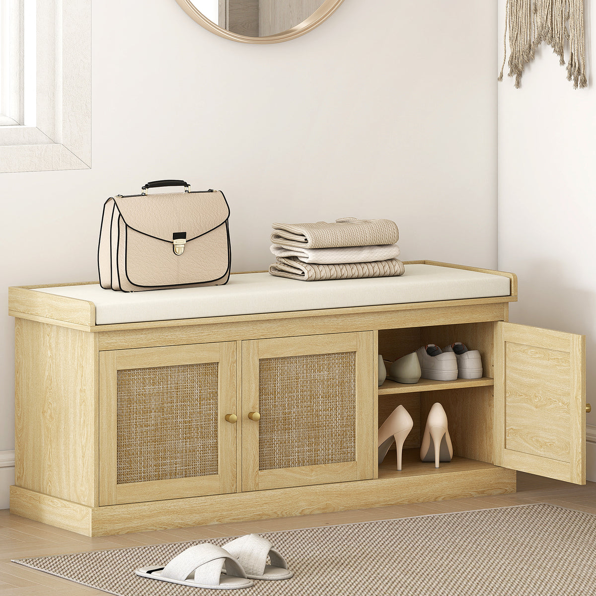 Shoe Storage Bench with Woven Rattan Doors, Shoe Bench with Cushion, Adjustable Shelves, Entryway Bench, Oak Tone