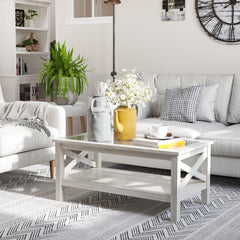 Coffee Table with Tempered Glass Tabletop, Living Room Table with Wood Frame and Underneath Storage Shelf, White Oak