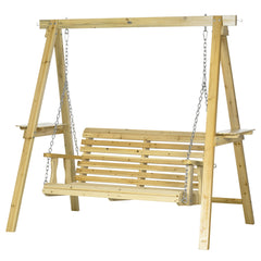 2-Seat orch Swing with Stand, Wooden Patio Swing Chair with Side Tables and Metal Chains, Outdoor Hanging Bench for Garden, Poolside, Backyard, Natural Wood