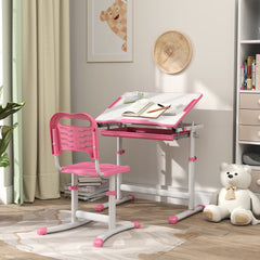 Height Adjustable Kids Desk and Chairs Set with Tilt Desktop, Storage Drawer, Pen Slot, Hook, Pink