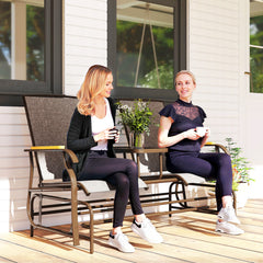 Outdoor 2-Person Glider Bench, Outside Glider Swing Chair Loveseat with Table, Steel Frame, Light Mixed Brown