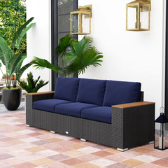 3-Seat Outdoor Patio Sofa, PE Wicker Outdoor Couch with  Extra Wide Deep Seat, Wide Armrests 4" Cushions, Navy Blue