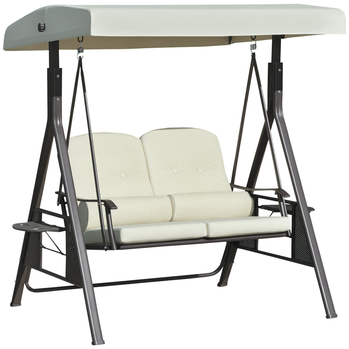 2-Person Patio Swing Bench with Adjustable Shade Canopy, Soft Cushions, Throw Pillows and Tray, Beige.