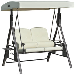 2-Person Patio Swing Bench with Adjustable Shade Canopy, Soft Cushions, Throw Pillows and Tray, Beige.