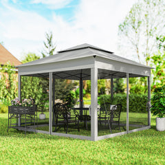 Outdoor Patio Pop Up Canopy Gazebo Shelter with Zipper Netting, Carry Bag, 11' x 11', Light Gray