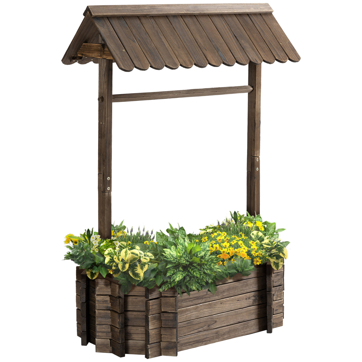 Wooden Wishing Well Raised Garden Bed, Ornamental Outdoor Flower Planter for flowers, herbs, vegetables, Rustic Brown