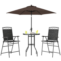 4 Piece Outdoor Bar Set with Umbrella, Patio Dining Set with 2 Folding Chairs, Wave Textured Tempered Glass Table for Backyard, Garden, Deck, Poolside, Black