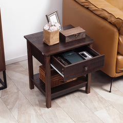 End Table with Drawer, Side Table with Top and Bottom Shelf for Small Spaces, Dark Brown