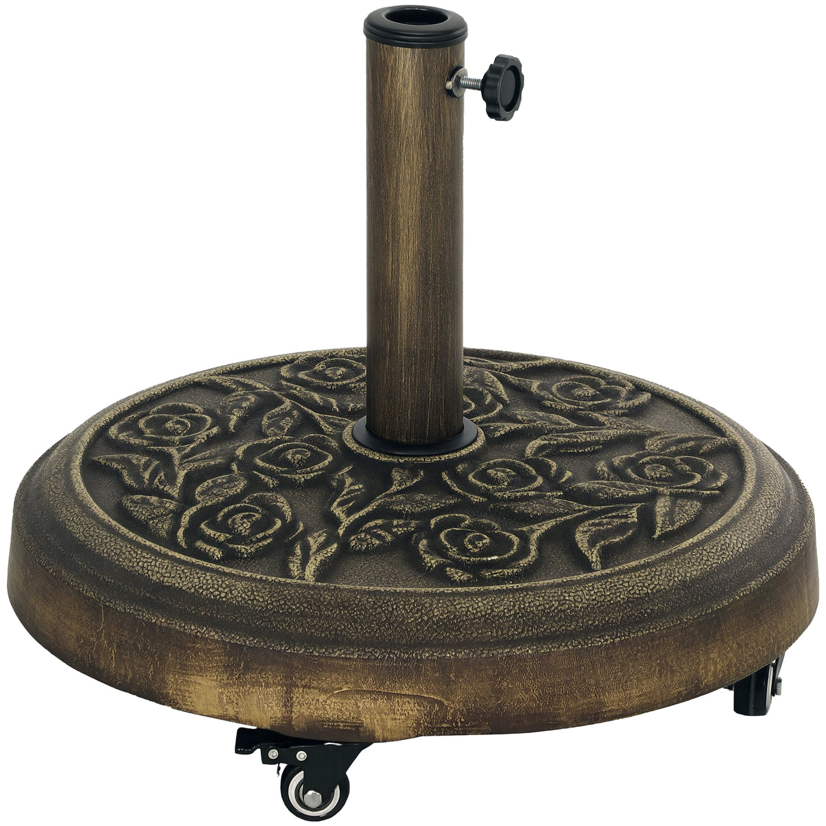 Round Patio Umbrella Base, 46 lbs Resin Umbrella Base with Wheels, Outdoor Umbrella Stand for 1.3"/1.5"/1.9" Umbrella Poles for Outdoor, Lawn, Poolside, Bronze