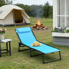 Folding Chaise Lounge Pool Chair with 4-Position Reclining Back, Pillow, Breathable Mesh & Bungee Seat, Blue