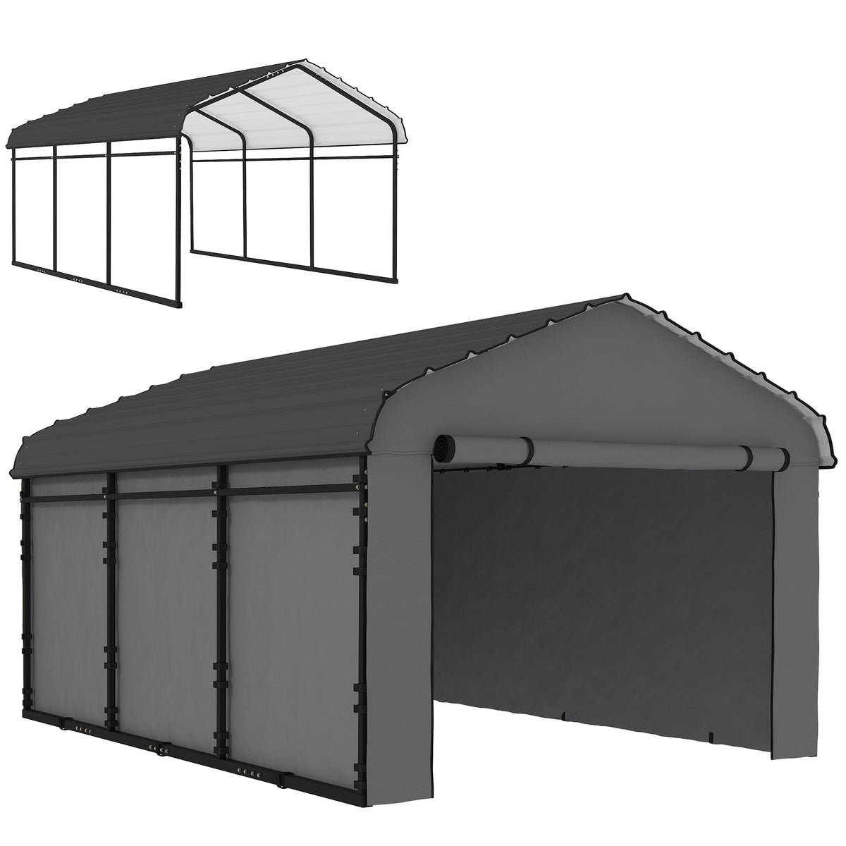 10' x 15' Metal Carport, Heavy Duty Garage Car Canopy with Galvanized Metal Roof and Removable Sidewalls, Dark Gray