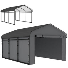 10' x 15' Metal Carport, Heavy Duty Garage Car Canopy with Galvanized Metal Roof and Removable Sidewalls, Dark Gray