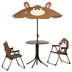 Kids Table and Chair Set, Outdoor Folding Garden Furniture, Picnic Table for Patio Backyard, with Removable & Height Adjustable Sun Umbrella, Aged 3-6 Years Old, Brown