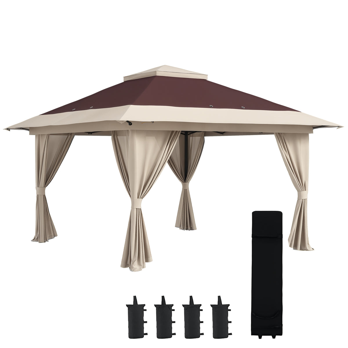 13' x 13' Pop Up Gazebo Instant Canopy Tent Shelter with 2-Tier Roof, Carry Bag, Wight Bags for Outdoor, Garden, Brown