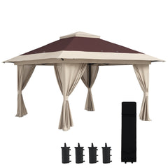 13' x 13' Pop Up Gazebo Instant Canopy Tent Shelter with 2-Tier Roof, Carry Bag, Wight Bags for Outdoor, Garden, Brown