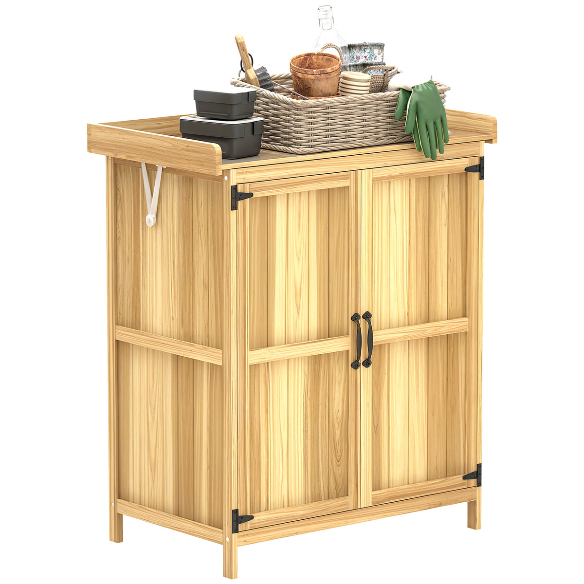 Outdoor Storage Cabinet, Garden Tool Shed with Metal Tabletop, Shelf, Wooden Potting Bench with 2 Doors, Natural Wood