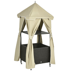 Outdoor Towel Valet Caddy,Covered Poolside Towel Holder Rack,Shelf,Rolling PE Rattan Wicker Storage on Wheels,Beige