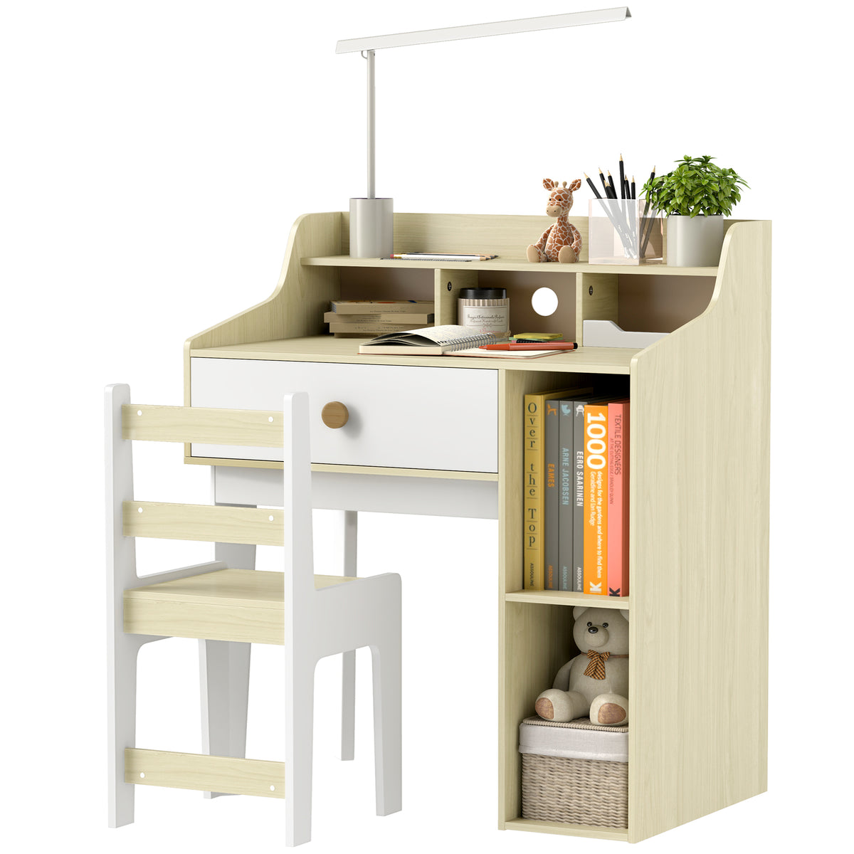 Kids Desk and Chair Set with Storage Shelves, Drawer for 3-10 Years, White