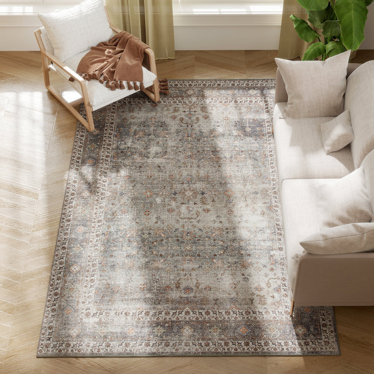 Machine Washable Area Rug 5x7, Non-Slip Traditional Floor Cover Foldable Carpet for Living Room, Dark Mixed-Brown
