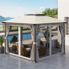 10' x 10' Patio Gazebo, Double Roof Outdoor Gazebo with Privacy Curtains, Mesh Netting, Aluminum Frame Outdoor Canopy Shelter, Cream White