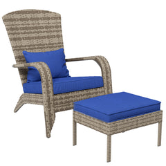 Wicker Adirondack Chair Fire Pit Chair w/ Ottoman & Cushions, Blue