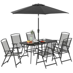 8 Piece Outdoor Dining Set, Patio Furniture Set with Umbrella, 6 Folding Chairs, Rectangle Table and Mesh Seat, Black