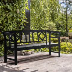 Wooden Patio Bench, Outdoor Garden Bench with Backrest and Armrests, 3 Person Porch Bench with Rustic Country Diamond Pattern, Black