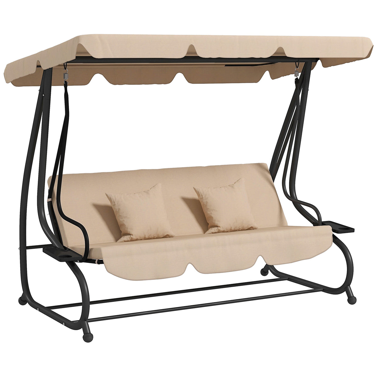 Free Standing Swing Bench, Porch Swing with Stand, Adjustable Canopy, Cushion and Pillows, Ecru