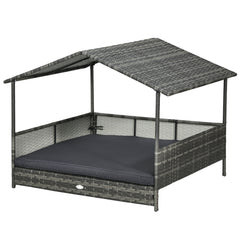 Outdoor Dog Bed with Canopy, Rattan Dog Bed with Soft Cushion Removable Cover for Medium and Large Dogs, Dark Gray