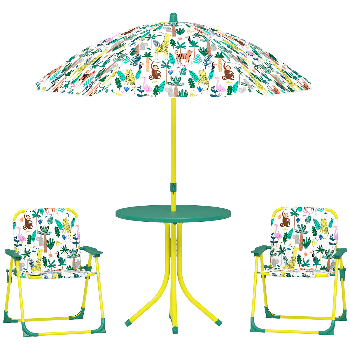 Qaba Kids Picnic Table, Kids Table and Chair Set with 2 Folding Chairs and Umbrella for Backyard, Garden, Patio, Green
