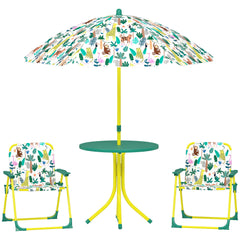 Qaba Kids Picnic Table, Kids Table and Chair Set with 2 Folding Chairs and Umbrella for Backyard, Garden, Patio, Green