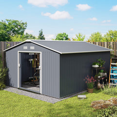 11' x 13' Garden Metal Shed, Storage Shed Utility Storage with Double Locking Doors for Bike, Yard Tools, Dark Gray