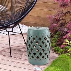 13" x 18" Ceramic Garden Stool with Woven Lattice Design & Glazed Strong Materials Decorative Outdoor Stool, Antique Blue